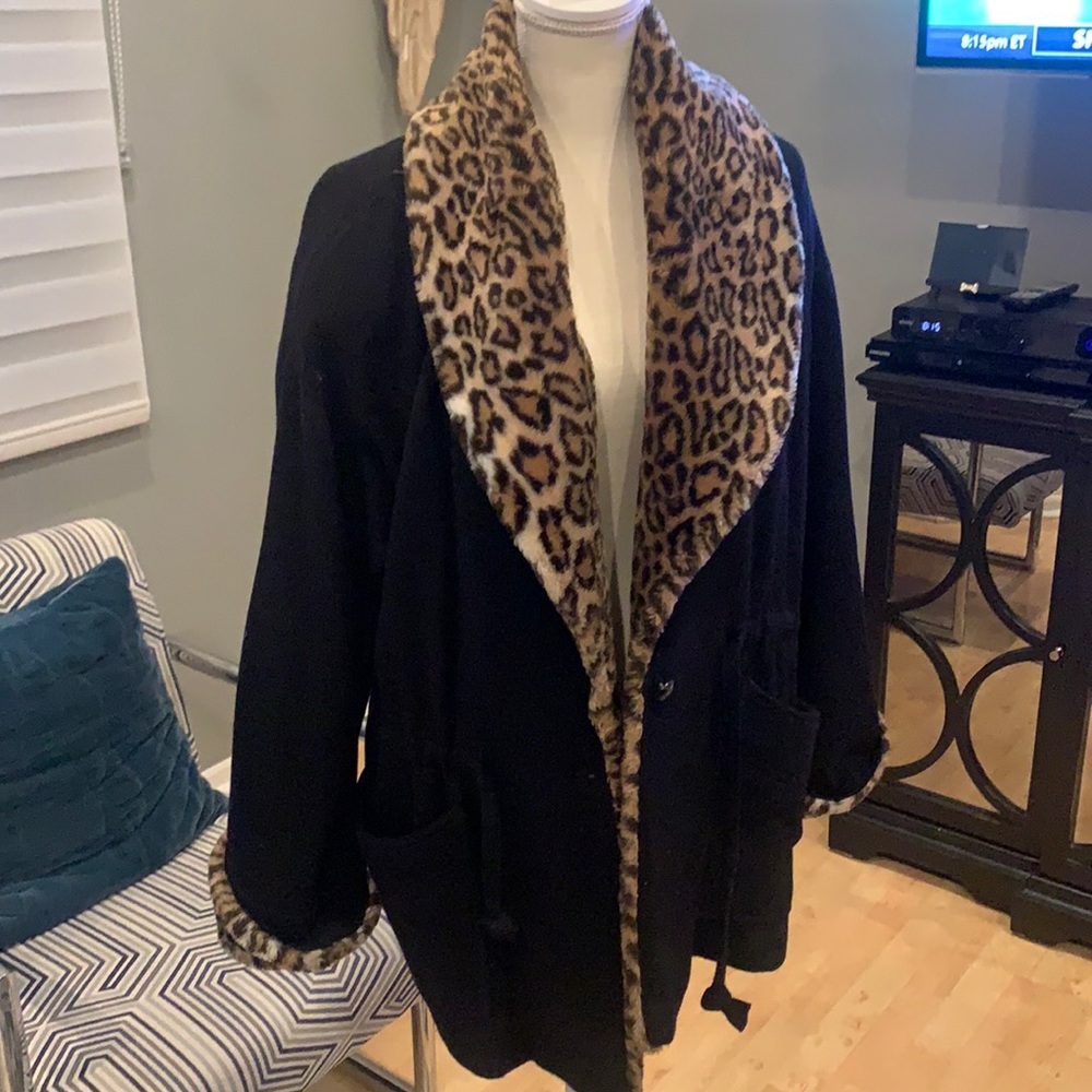 size 8 wool winter jacket with leopard accents